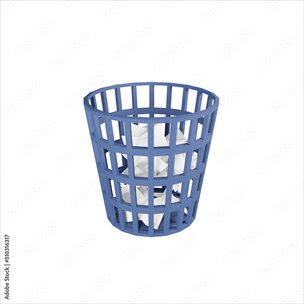 Blue Garbage bin and crumpled papers inside. 3D render icon isolated white background. Blue Garbage bin and crumpled papers inside. 3D render icon isolated white background.