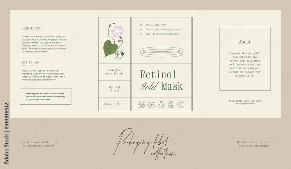 Hand drawn botanical line art vector cosmetics printable label design template