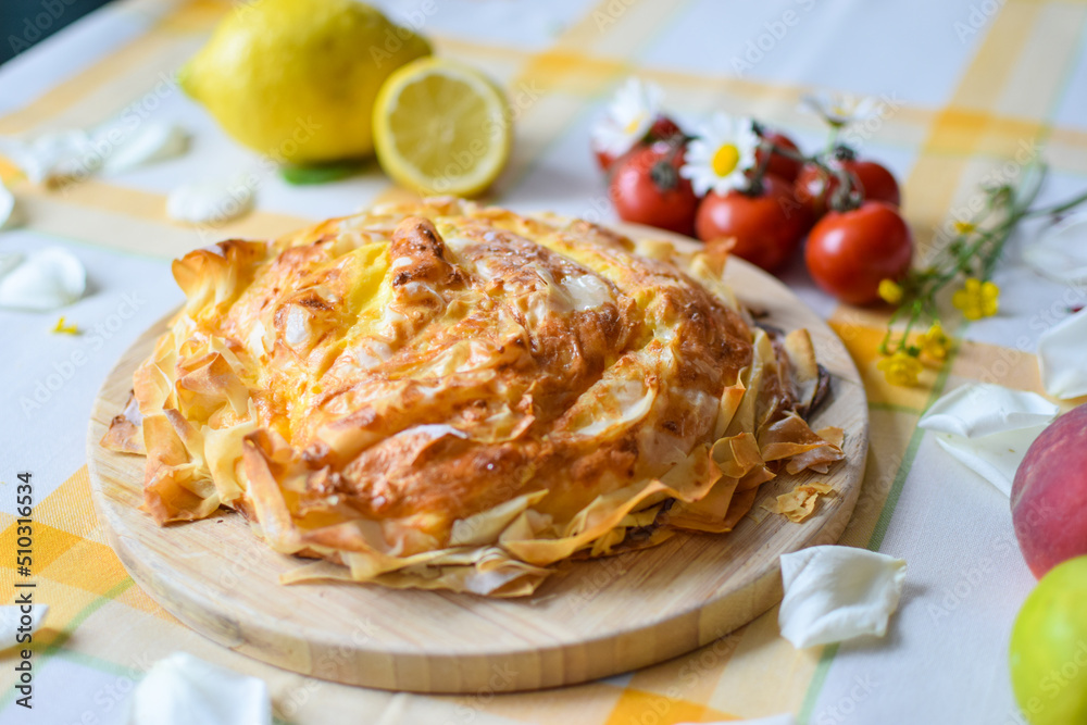 Banitsa, a Traditional Bulgarian Pastry with Cheese. Banitsa, a Traditional Bulgarian Pastry with Cheese.