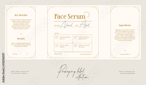 Hand drawn botanical line art vector cosmetics printable label design template