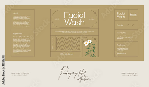 Hand drawn botanical line art vector cosmetics printable label design template