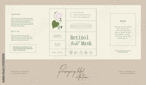 Hand drawn botanical line art vector cosmetics printable label design template