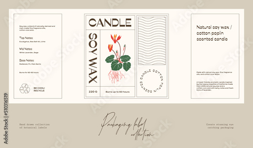 Hand drawn botanical line art vector cosmetics printable label design template