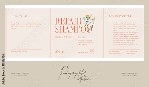Hand drawn botanical line art vector cosmetics printable label design template