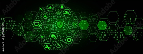 Neon green background frame with information security, technical icons, symbols. Design of hexagons, spheres, ones, zeros. Binary system. Digital matrix, network. Poster industry, business, science.