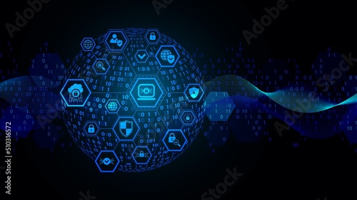 Neon background frame with information security, technical icons, symbols. Design of hexagons, spheres, ones, zeros, waves. Binary system. Digital matrix, network. Poster industry, business, science.