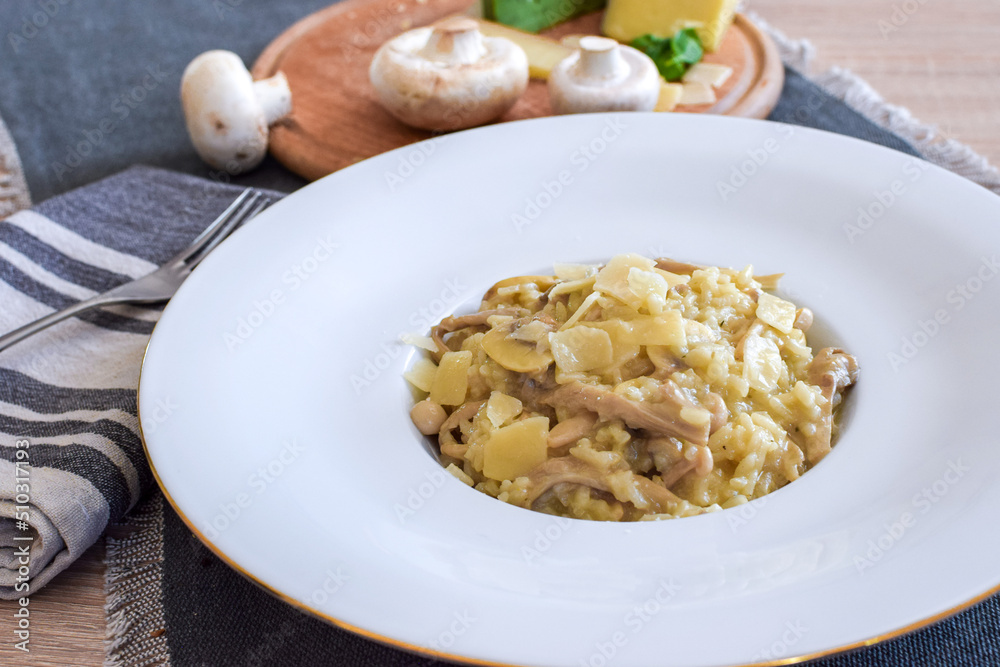 Mushroom risotto with parmesan cheese.