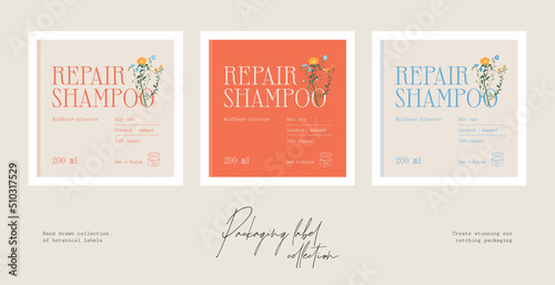Hand drawn botanical line art vector cosmetics printable label design template