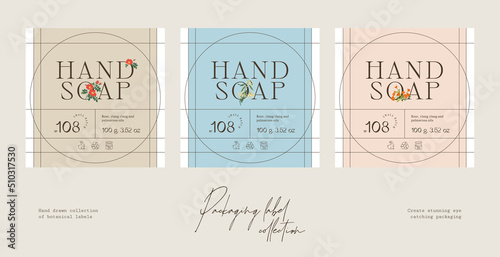 Hand drawn botanical line art vector cosmetics printable label design template