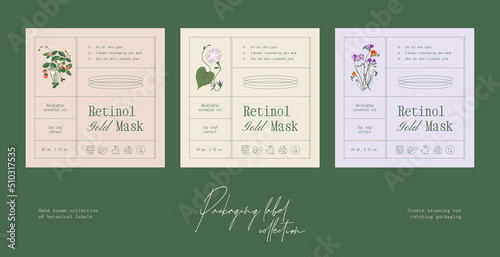 Hand drawn botanical line art vector cosmetics printable label design template