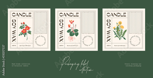Hand drawn botanical line art vector cosmetics printable label design template