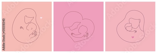 Logo set, mother with a baby in her arms. Happy maternity. Line art. Hugs with love