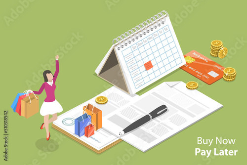 3D Isometric Flat Vector Conceptual Illustration of Buy Now Pay Later , Installment Purchase Offer and Deferment of Payment