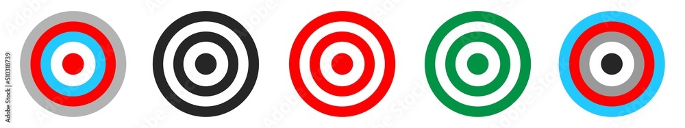 Archery target collection. Target shooting installation. Isolated bullseye dartboard on white background. The concept of archery or achieving a goal in business. Aim center. Stock Vector EPS 10 Archery target collection. Target shooting installation. Isolated bullseye dartboard on white background. The concept of archery or achieving a goal in business. Aim center. Stock Vector EPS 10
