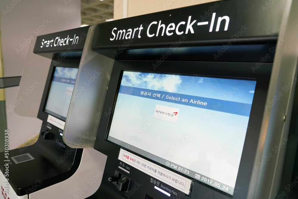 SEOUL, SOUTH KOREA - CIRCA MAY, 2017: self-service check-in kiosks at ...