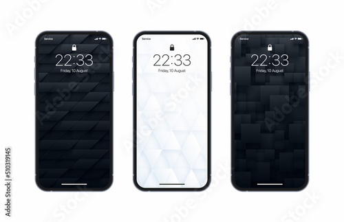 Vector Different Variations Black White 3D Geometric Wallpaper Set On Photo Realistic Smart Phone Screen Isolated On White Background. Various 3D Rendered Abstractions Vertical Smartphone Screensavers