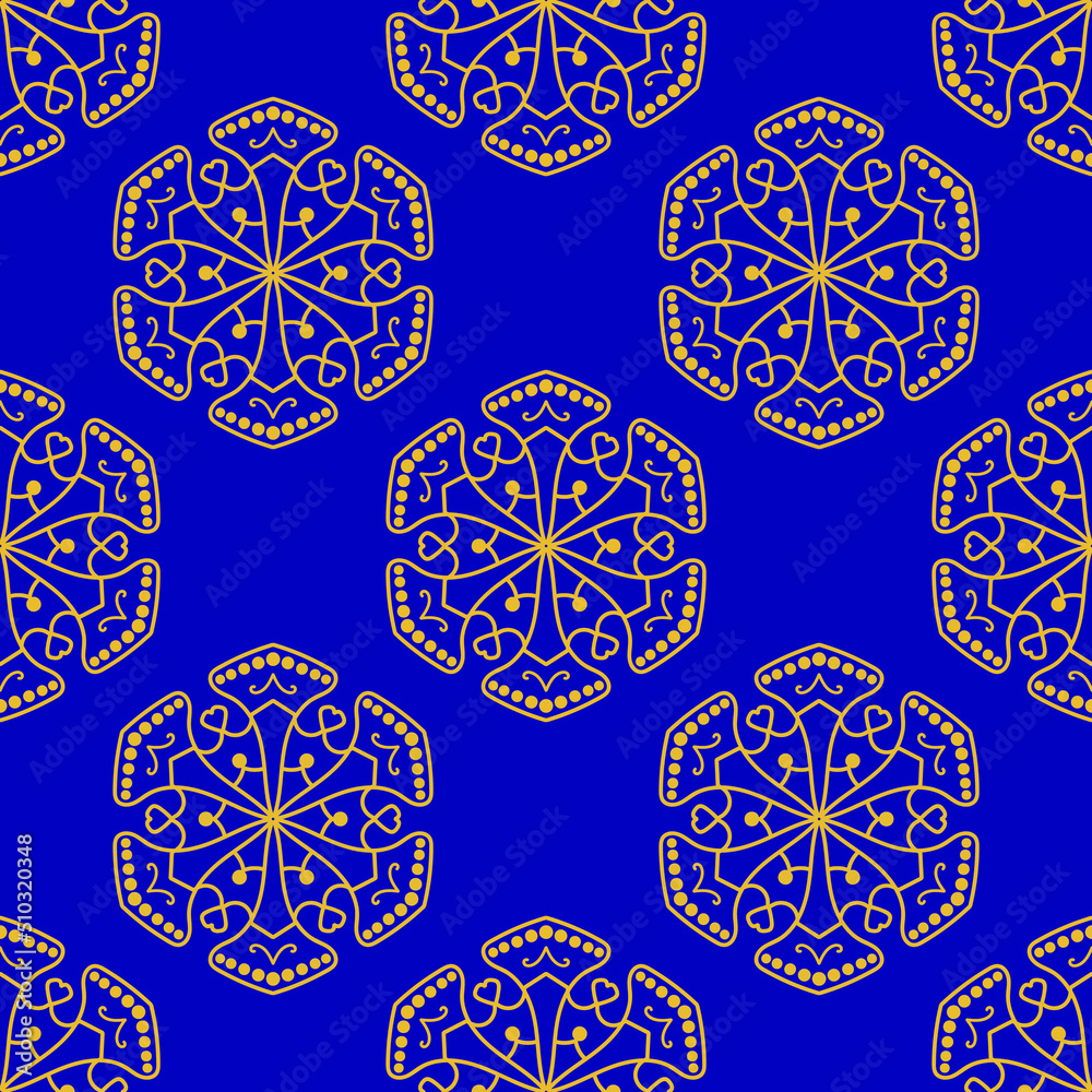 Seamless pattern with yellow round ornaments on a blue background. Suitable for fabric, wrapping paper, banner, background, digital paper.