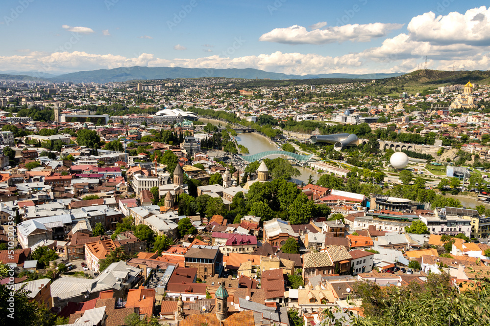 General view of Tbilisi city center and Kura River. Georgia