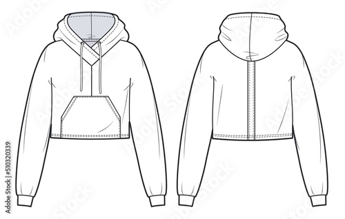Unisex V-neck Hoodie design fashion flat sketch template. Oversize Crop Hoodie Sweatshirt with long sleeve fashion cad mock up.