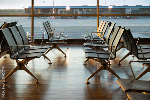 Chairs in the waiting room at the Riga airport near the gate.