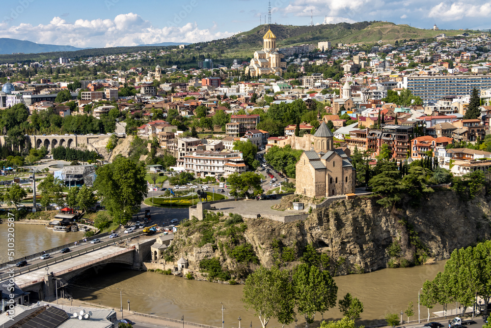 General view of Tbilisi city center and Kura River. Georgia