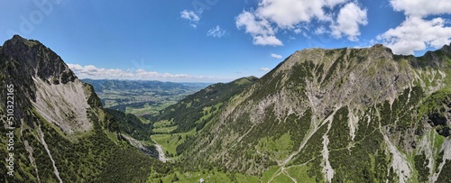 Mountain range with green parts of bushes. Oberstdorf, Alps.