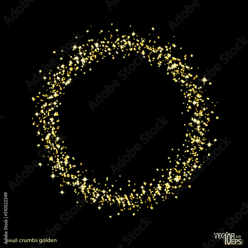 Golden round frame, sparkles. Shiny gold circle crumbs. Glitter dust isolated on black. Jewelry confetti. Vector