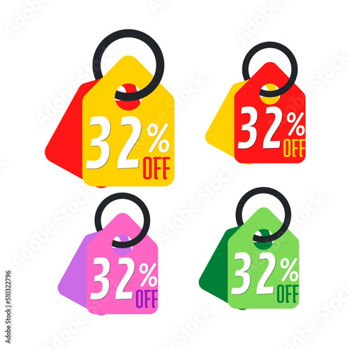 32% off set Discount sale, with multi-color label, online, graphic design. Vector Illustration