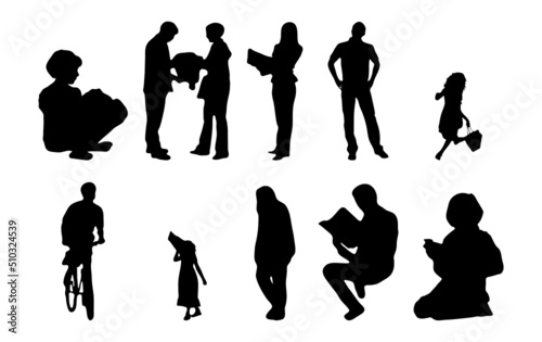 Vector silhouettes, Outline silhouettes of people, Contour drawing, people silhouette, Icon Set Isolated, Silhouette of sitting people, Architectural set	

