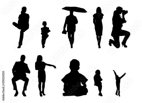 Vector silhouettes, Outline silhouettes of people, Contour drawing, people silhouette, Icon Set Isolated, Silhouette of sitting people, Architectural set	
