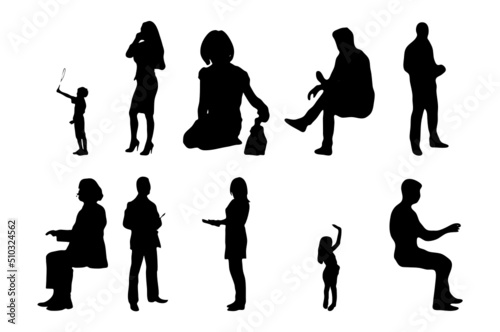 Vector silhouettes, Outline silhouettes of people, Contour drawing, people silhouette, Icon Set Isolated, Silhouette of sitting people, Architectural set	
