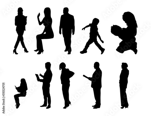 Vector illustration, Outline silhouettes of people, Contour drawing, people silhouette, Icon Set Isolated , Silhouette of sitting people, Architectural set	
