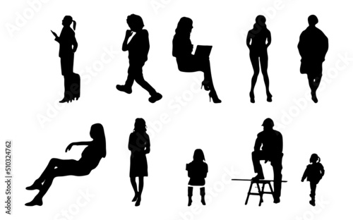 Vector silhouettes, Outline silhouettes of people, Contour drawing, people silhouette, Icon Set Isolated, Silhouette of sitting people, Architectural set	
