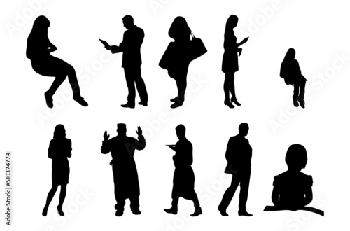 Vector illustration, Outline silhouettes of people, Contour drawing, people silhouette, Icon Set Isolated , Silhouette of sitting people, Architectural set	
