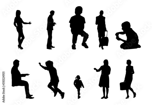 Vector silhouettes, Outline silhouettes of people, Contour drawing, people silhouette, Icon Set Isolated, Silhouette of sitting people, Architectural set	