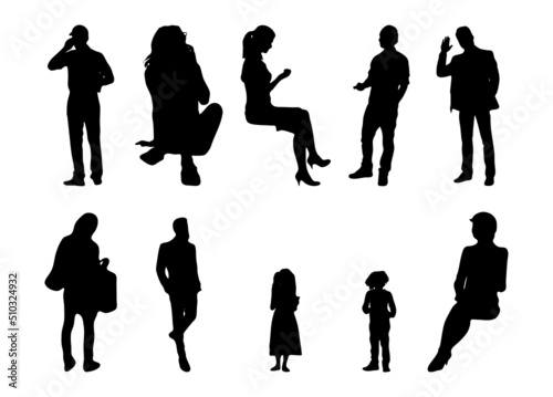 Vector silhouettes, Outline silhouettes of people, Contour drawing, people silhouette, Icon Set Isolated, Silhouette of sitting people, Architectural set	