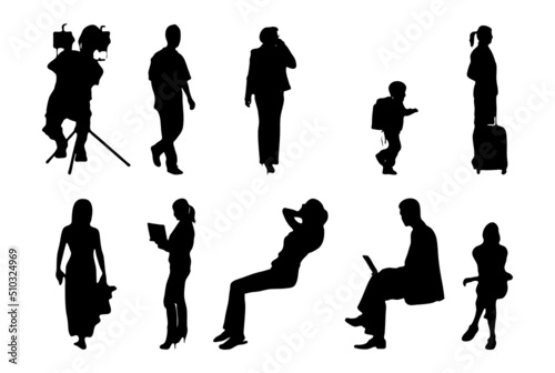 Vector silhouettes, Outline silhouettes of people, Contour drawing, people silhouette, Icon Set Isolated, Silhouette of sitting people, Architectural set	