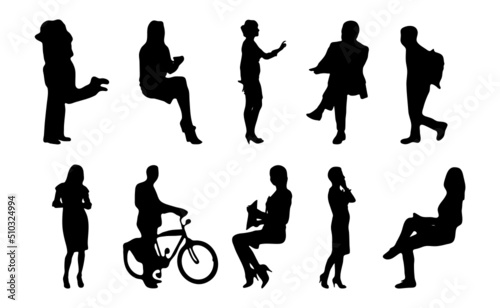 Vector silhouettes, Outline silhouettes of people, Contour drawing, people silhouette, Icon Set Isolated, Silhouette of sitting people, Architectural set	
