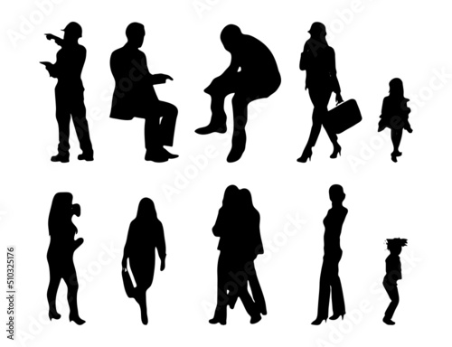 Vector illustration, Outline silhouettes of people, Contour drawing, people silhouette, Icon Set Isolated , Silhouette of sitting people, Architectural set	
