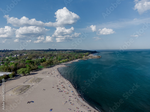 view of the lake from the beach. Woodbine beach of  Toronto, Ontario is one of the popular beaches in Canada. Taken on dji mini 2 drone.