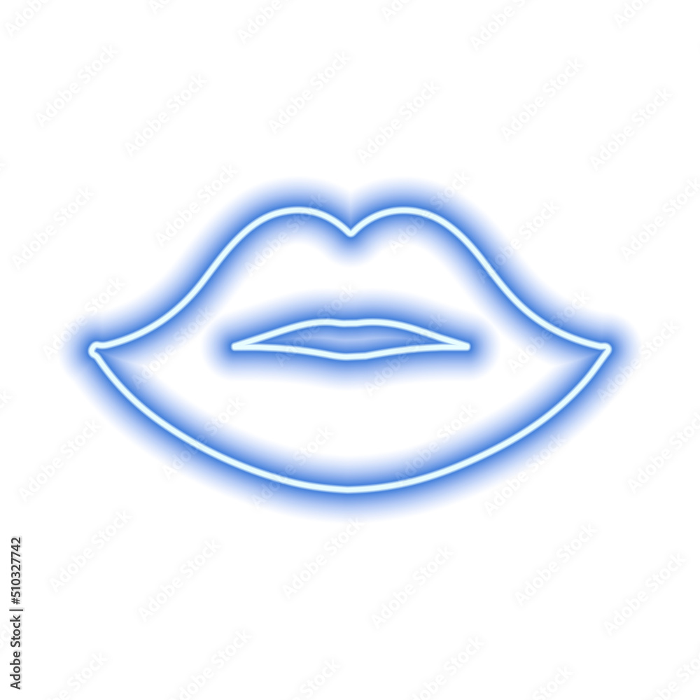Blue neon lips on a white background. The contour of the women's lips. Kiss Blue neon lips on a white background. The contour of the women's lips. Kiss