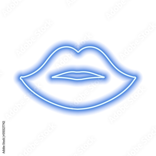 Blue neon lips on a white background. The contour of the women's lips. Kiss