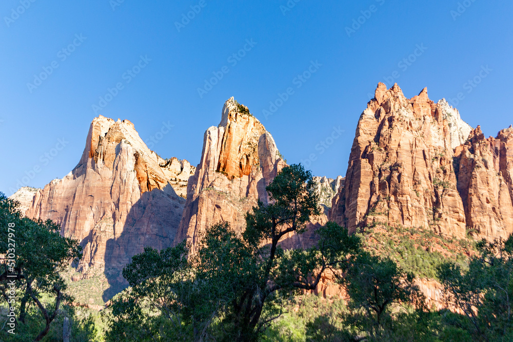scenic mountains court of the 4 patriarchs at Zion national Park seen from valley