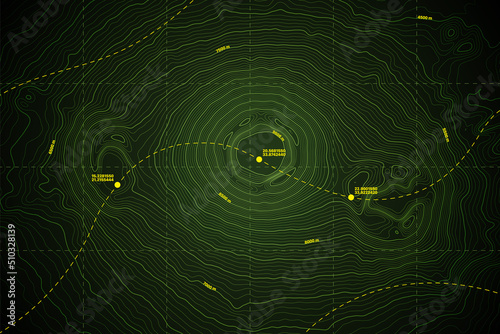 Stampa su tela Sea Abyss Crater Vector Topographic Map With Depth Route And Coordinates Conceptual User Interface Dark Green Background