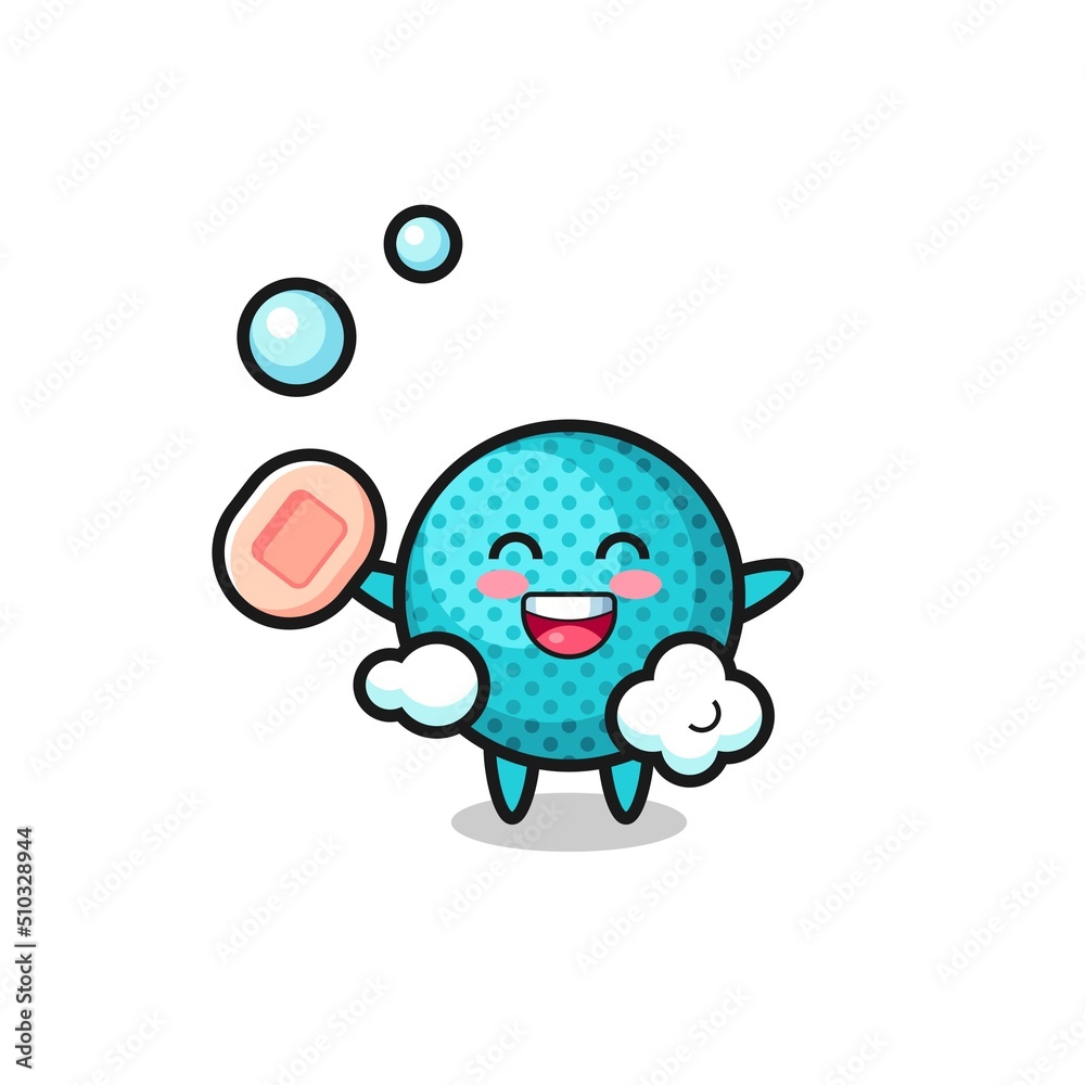 spiky ball character is bathing while holding soap