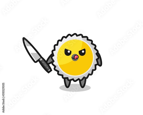 cute saw blade mascot as a psychopath holding a knife