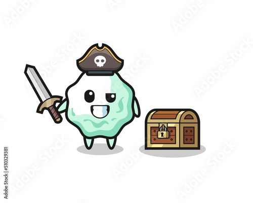 the chewing gum pirate character holding sword beside a treasure box