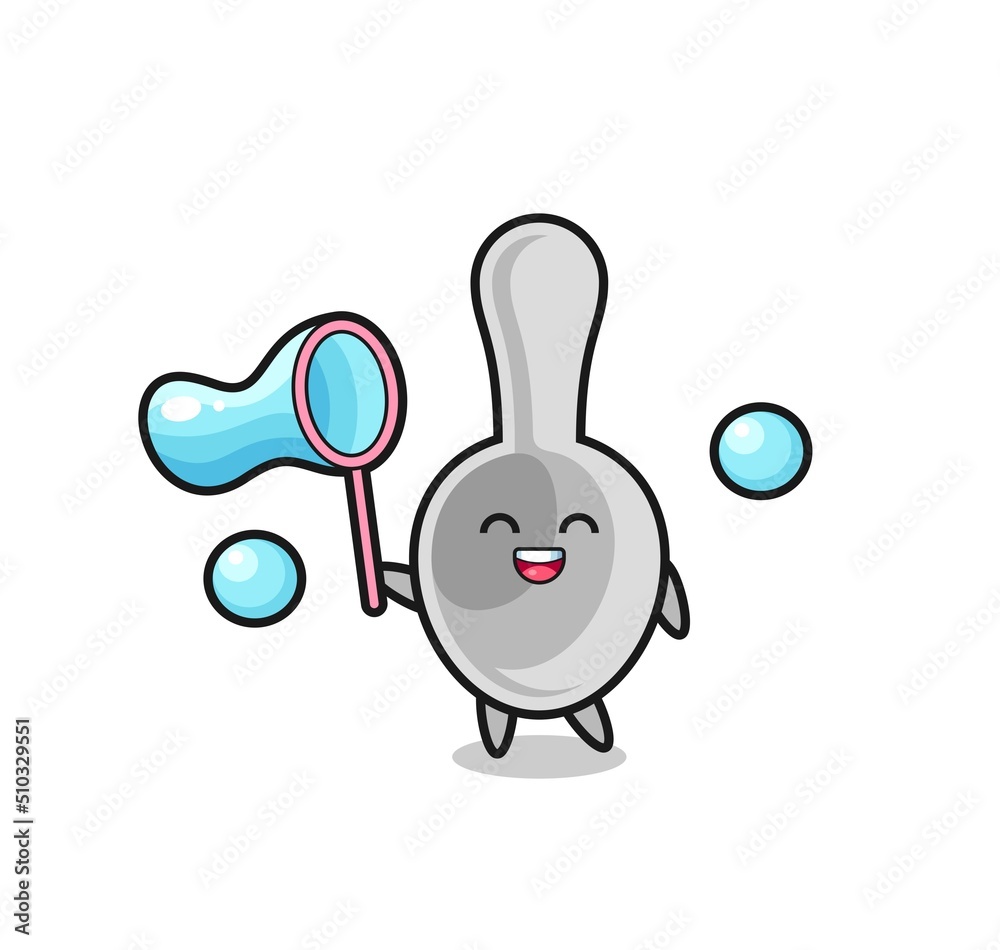 happy spoon cartoon playing soap bubble happy spoon cartoon playing soap bubble