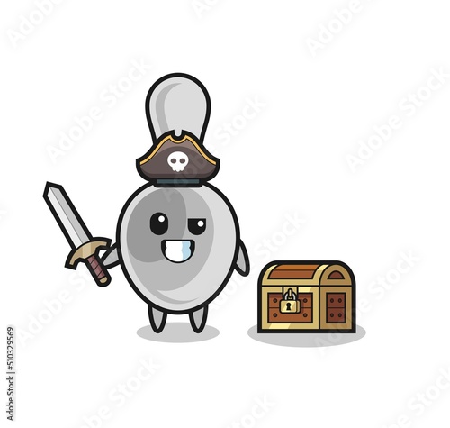 the spoon pirate character holding sword beside a treasure box