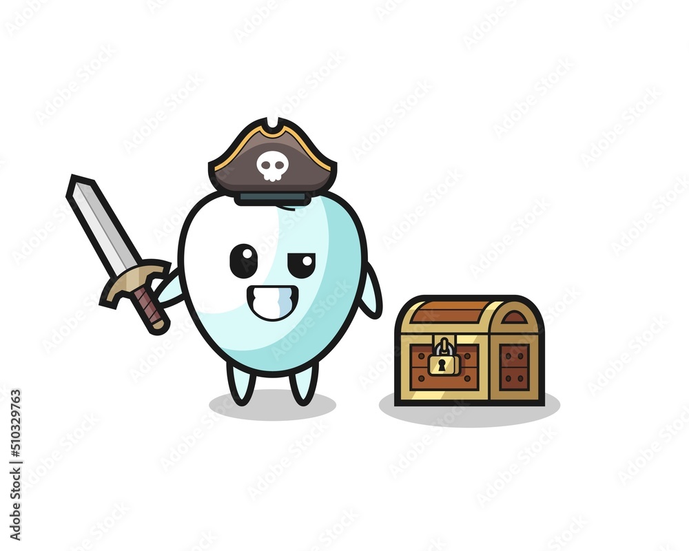 the tooth pirate character holding sword beside a treasure box